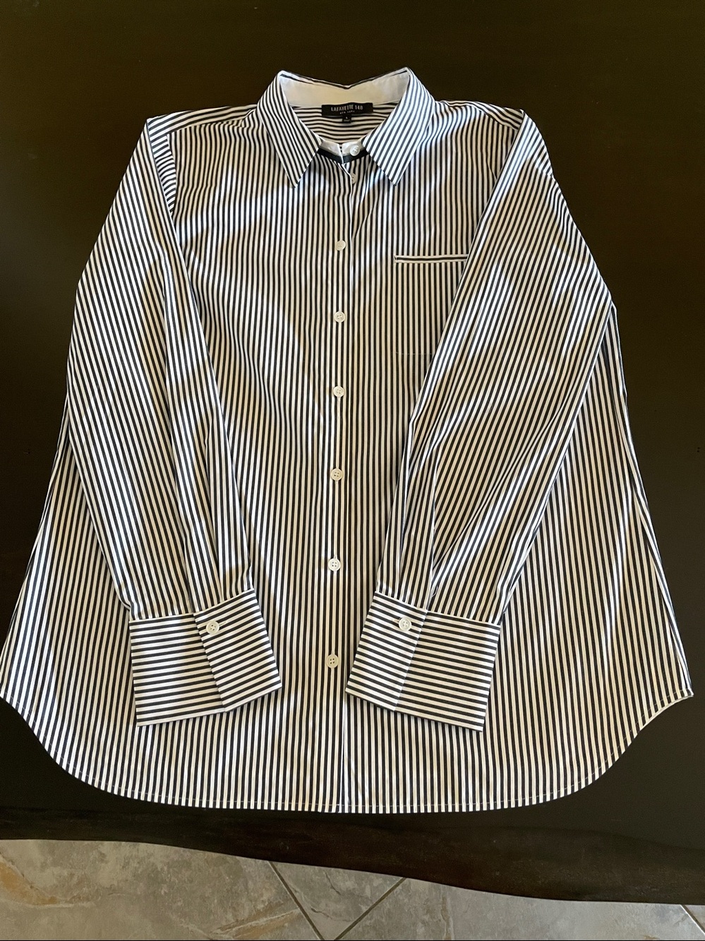Lafayette 148 New York Women’s Navy and White Striped Dress Shirt/ Monili